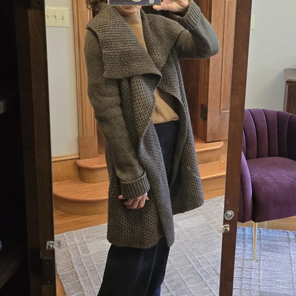 Vince Taupe Wool Knit Cunky Long Cardigan Coat | L - Picture 2 of 5